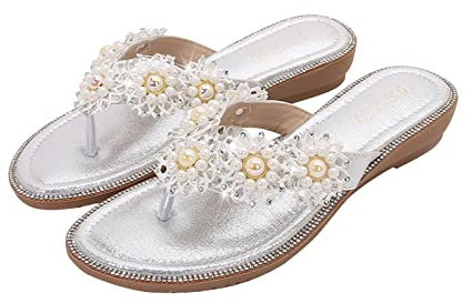 FNKDOR Bequeme Flip Flops Damen Glitzer Strass Perlen Leichte Sommer Slipper Boho Zehentrenner#26