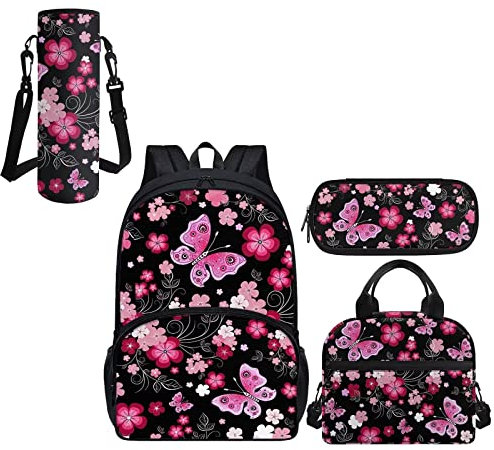 Showudesigns Ensemble sac à dos d'école pour filles, garçons et filles, trousse isotherme, boîte à déjeuner, porte-bouteille d'eau, Fleur/papillon, Taille unique