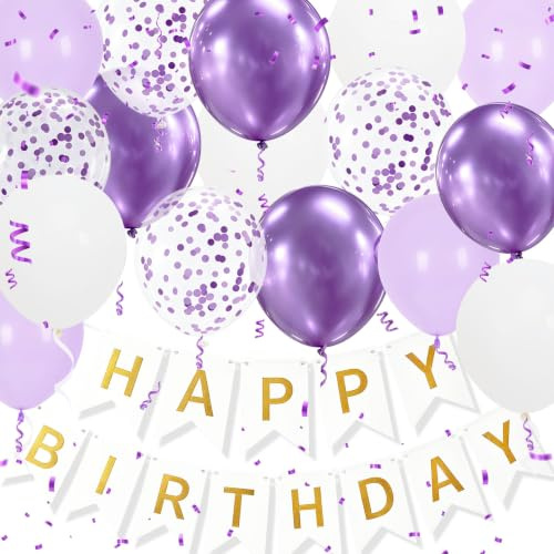 Happy Birthday Banner, Lila Geburtstagsdekoration, 16 Stück 12 Zoll Happy Birthday Luftballons mit 2 Bändern für Männer Frauen Mädchen und Jungen Geburtstag Party Dekoration(Lila)