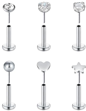 VF VFUN 16G 6Pcs Helix Piercings Diamant CZ Edelstahl Piercing Herz Stern Opal Lippenpiercing Ohr Conch Piercing Nasenpiercing Tragus Labret Piercing Studs 6mm für Frauen Männer Silber