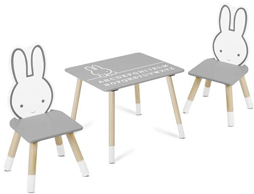 Ricokids Tisch mit Zwei Kinderstühlen - Kindertisch und Stühle - Ästhetisch Ansprechend - Robuste und Massive Holz und MDF Konstruktion - Grau mit Kaninchenmotiv - mit Alphabet - 50x60x47cm