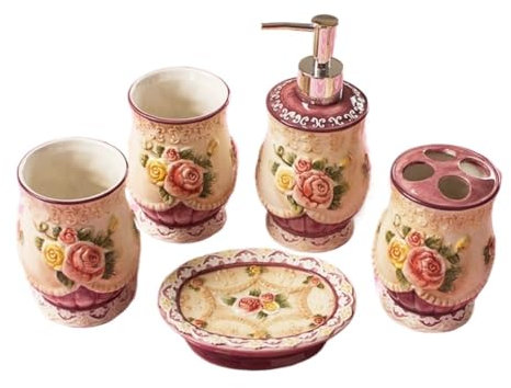 Badezimmer Set Badezimmerzubehör-Set Relief 5-teiliges Badzubehör-Set aus Keramik im Vintage-Design im europäischen Stil als Hochzeitsgeschenk Badzubehör Set Bad-Accessoires-Set