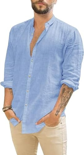 Runcati Camicia da uomo in lino a maniche lunghe, estiva, da spiaggia, casual, vestibilità regolare, camicia casual, Blu, L