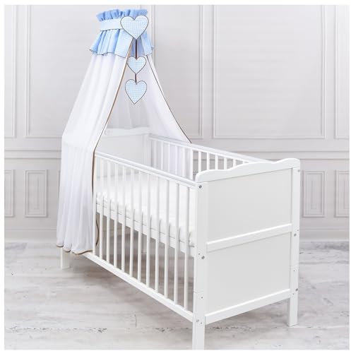 Generisch Baby Delux Babybett Himmel Betthimmel Chiffon Baldachin für Babybett Kinderbett Wiege Stubenwagen Himmelstange Applikationen Herz Deko (Karro Blau, mit Himmelstange)