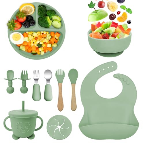 Bizcasa Vajilla para Bebés de Silicona,11 Piezas Vajilla de Silicona Plato Bebe Ventosa,Para Niños Aprender,Tazón de Platos,Cuchara de Babero,Tenedor,Taza de agua potable–Libre BPA