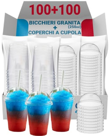 G.M. DISTRIBUZIONE 100 Bicchieri Granita in PS da 250ml + 100 Coperchi A Cupola in PS, Bicchieri e Coperchi Usa e Getta Trasparenti, Bicchiere Monouso Alta Qualità per Bar e Gelaterie.