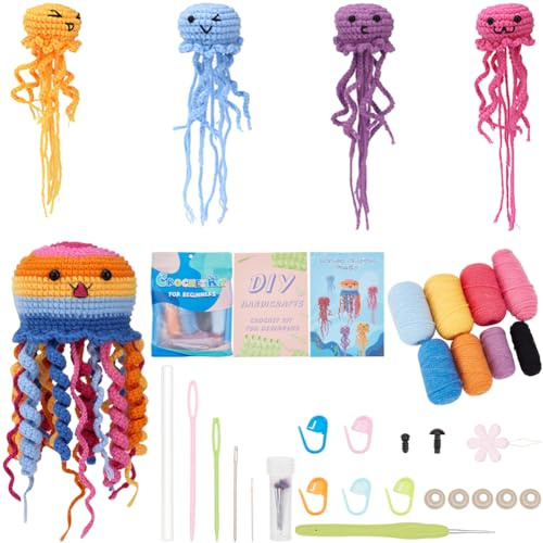 SUNNYCLUE Häkelset Für Tiere Komplettes Häkelset Für Anfänger Sommerquallen Starter Schritt Für Schritt Video Tutorials 3D Stoffhäkeln Amigurumi Stricksets Für Erwachsene Anfänger