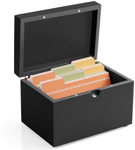 DRASTAR Index Card Holder 3x5, Wooden Index Card Organizer Box with 45 Index Card Dividers, Flashcard Notecard Holders for Home Office, Black