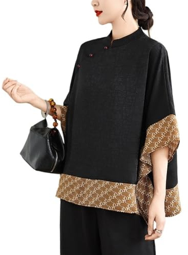 Hauts Patchwork Imprimés Floraux De Style Chinois Pour Femmes Chemise À Col Montant Et Manches 3/4 Et Ourlet Fluide Chemisier De Style Ethnique Rétro(C)