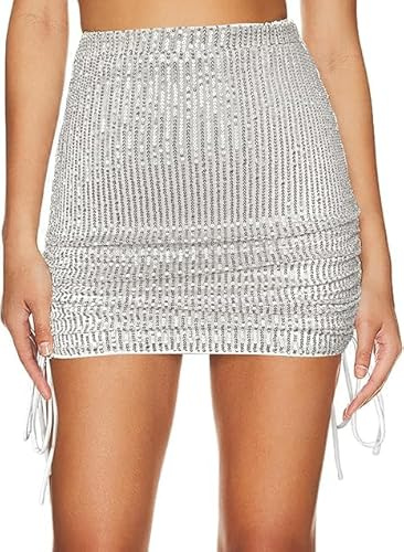 MAYFASEY Falda de lentejuelas para mujer, con purpurina brillante, minifaldas con cordón lateral, volantes, mini lápiz, falda corta, plata, XL