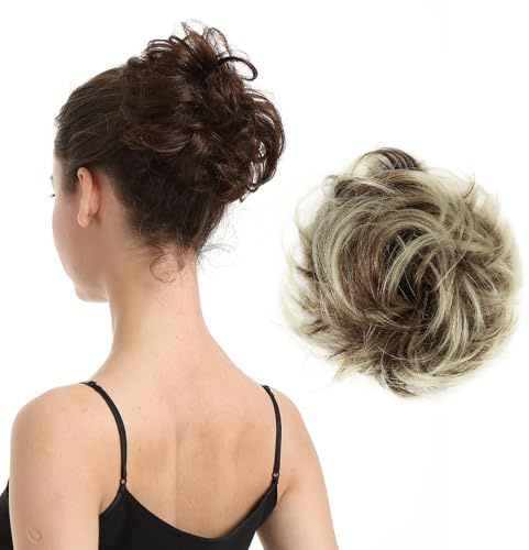 BARSDAR Umani Chignon Capelli, Veri Umani Hair Chignon Extension per Donna Highlight Hair Bun Posticci Elastico Scrunchie Spessi Updo Elastico Veri Pezzo di Capelli - Medio Marrone & Chiaro Biondo