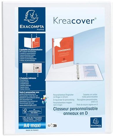 Exacompta - Rif. 51921E - Cartone da 10 raccoglitori personalizzabili, 2 tasche, 2 anelli a D da 20 mm, dorso 38 mm, dimensioni esterne: 32 x 27,3 cm, formato A4 Maxi bianco