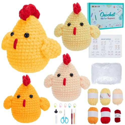 FREEBLOSS 4er Set Häkelset für Anfänger: Häkeln für Erwachsene & Kinder - Tiermotiv Küken - Häkelnadel, Wolle & Werkzeuge inkl. Videoanleitungen