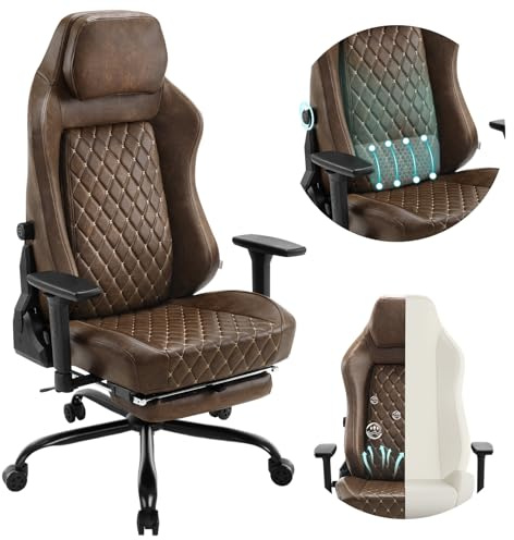 WOLTU Gaming Stuhl, Bürostuhl ergonomisch, mit Langlebiger integrierter Schwamm, adaptiver Lendenwirbelstütze, Fußstütze Armlehnen, Vintage-Kunstleder, Metallrahmen, Braun