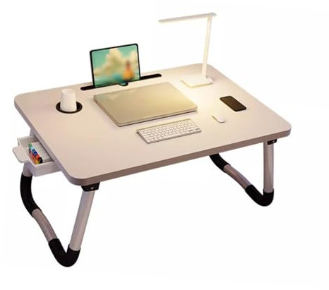Yctze Bureau de Lit, Bureau de Lit pour Ordinateur Portable, Table de Lit Portable Pliable, Support en T avec Porte-gobelet, Tiroir pour canapé, Lecture, écriture, Manger et Bureau