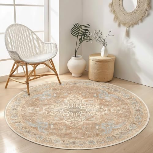 GENIMO Runder Boho Teppich Sandbeige, Waschbar fürs Wohnzimmer, Ø 120 cm