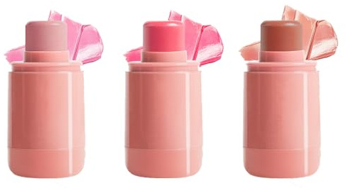 Cream Blush Stick Trio, 3 in 1 Cream Blush for Cheeks Lips Eyes Lightweight Face Blush Stick Moisturize and Blendable Blusher Contour Stick Long Lasting Waterproof Cream Blusher for Nature Look