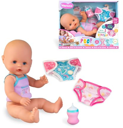 Nenuco Macht Kaka, Baby Puppe von 35 cm mit hartem Körper, Das echten braunen Kaka Macht, wenn es Wasser trinkt, Inklusive Flasche und 2 waschbare Windeln, Tag und Nachtwindel, Famosa (NFNB3000)