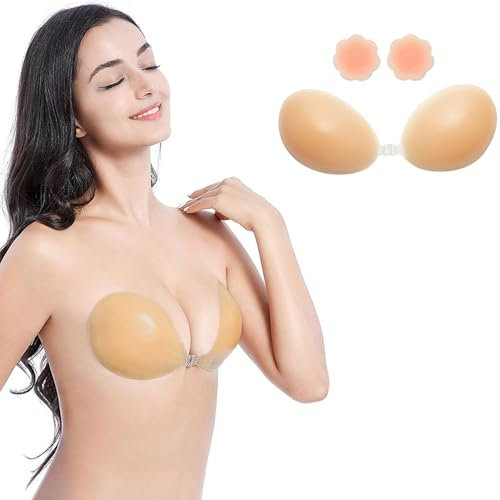 DODOING Upgrade Sticky Bra for Women - Strapless Stick on Bra, Invisible Backless Adhesive Bra with Strong Hold, Breathable Push Up Reusable Silicone Bra for Wedding/Deep V Dresses/Party (Nude-B)