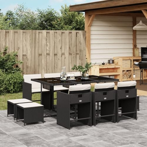 IKAYAA Rattan Gartenmöbel Essgruppe für 10 Personen, Garten Sitzgruppe, Gartengarnitur, Sitzgarnitur, Essgruppe, Terrassenmöbel Set, Gartentisch mit 10 Stühle & Kissen Schwarz und Creme Type-1