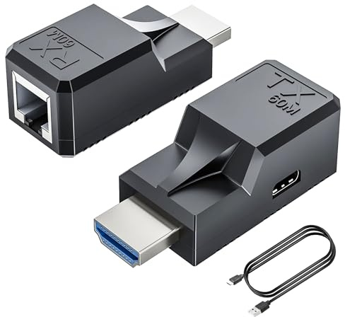 SHANFEILU Rallonge HDMI vers RJ45 sur Réseau LAN Ethernet CAT6 Adaptateur Répéteur de Signal 1080p 60 m avec Câble d'Alimentation Micro Type-C Émetteur + Récepteur pour Projecteur PC Moniteur