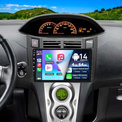 4G+64G Android 14 Car Stereo Radio GPS Navi for Toyota Yaris XP90 2005-2012 9Inch w/Wireless Carplay & Android Auto Car Stereo FM/RDS Radio Receiver w/Rearview Camera Mic SWC Mirror Link BT Wi-Fi