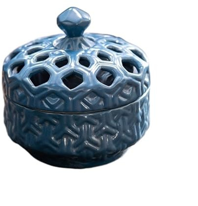 HAJHI Pot à Ail Fait à la Main Ajouré Céramique Pot à Oignons Respirant Fraîcheur 2.8in Pot de Conservation D'ail Comptoir Cuisine Rétro Décoration(Bleu)