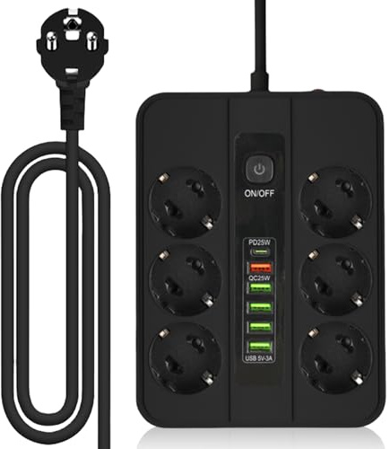 Flera uttag, grenuttag 6-vägs med 5 USB, vägguttag med flera uttag och 2 m kabel, skrivbord grenuttag, snabbladdning grenuttag för kontor och hem, svart