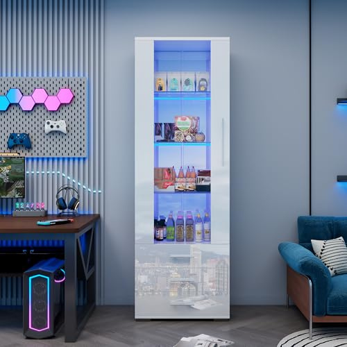 GigaXynium Glasvitrine mit Beleuchtung, Vitrinenschrank Hochglanz Schwarz mit Türen und 3 Schubladen, 180cm Hochschrank, Bücherschrank Küchenschrank, Mehrzweckschrank (Weiß, 60x35x180cm)