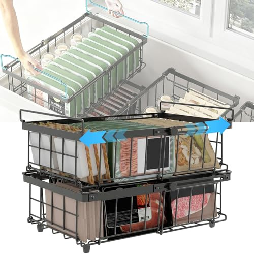 2er Pack Erweiterbare Gefrierkörbe, Stapelbar Gefrierschrank Organizer für 140L-570L Gefriertruhen, Einfacher Zugriff Gefriertruhe Körbe Schwarz, Metall Aufbewahrungskorb Stapelkorb mit Griffen