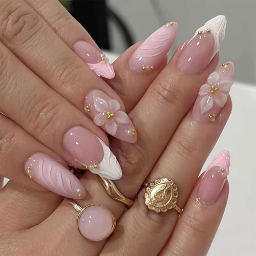 3D Pink Press On Nails Almond - Medium French Tip Fake Nails With Embossed Flower&Gold Bead Designs, Glossy Finish Reusable False Nails With Glue Tabs - 24Pcs Nail Kit For Women Manicure