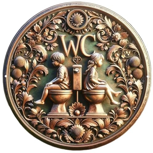 Plaque de WC Art mural rond en métal Vintage, 1 pièce, panneau «WC» aluminium avec motifs floraux, idéal for la maison/café(20x20cm)