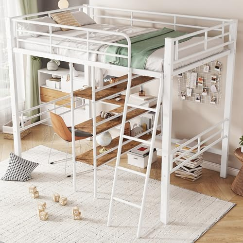 Yihomfy Lit Mezzanine 1 Place 90x200, Lit Enfant en Métal avec Bureau et étagère et Rambarde, Lit Mezzanine Enfant avec Escalier, Lit en Hauteur Structure en Fer, Blanc (Matelas Non Inclus)