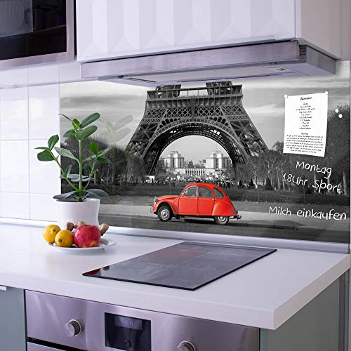 banjado Küchenrückwand Glas ohne Bohren 100x50cm – Glasrückwand Küche mit Motiv Paris/Spritzschutz Küchenrückwand Glas/selbstklebende Küchenrückwand Platte - magnetisch & beschreibbar