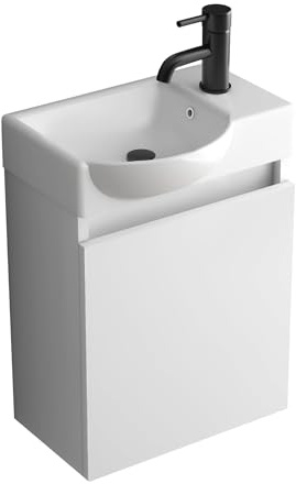 Alpenberger Waschtisch Gäste WC 45 cm Waschbecken mit Unterschrank Weiß | Waschtisch mit Unterschrank hängend: Keramik Becken (Links) mit Überlauf, Soft-Close Tür, für Gäste WC & kleine Bäder