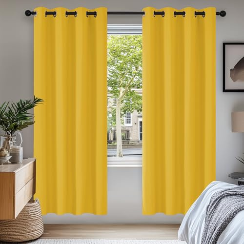 Deconovo Blickdichte Vorhänge Gardinen Verdunkelung mit Ösen Senfgelb | 2er Set, H175 x B140 cm, Blickdicht Gardine Vorhänge, Hitzeschutz, Sichtschutz, mit Ösen, für Schlafzimmer Wohnzimmer