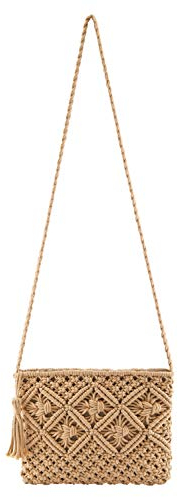 Faletony Damen Clutch Stroh Umhängetasche Sommer Strandtasche Abendtasche Crossbody Tasche Handgewebte Basttasche Korbtasche Boho-Stil für Arbeit Reise Party Hochzeit Outdoor (Quastenart, Braun)