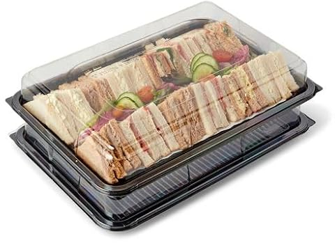 Caterline 10 x Large Reusable & Recyclable Plastic Serving Platters 450mm x 310mm x 75 Deep Black Base/Clear Lids