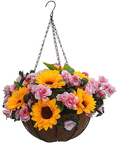 Home And Wedding Patio DIY Silk Chain Hanging Basket Passion Sunlight Artificial Yellow Sunflowers And Pretty Artificial Pink Azaleas Decoration (Medium Basket)