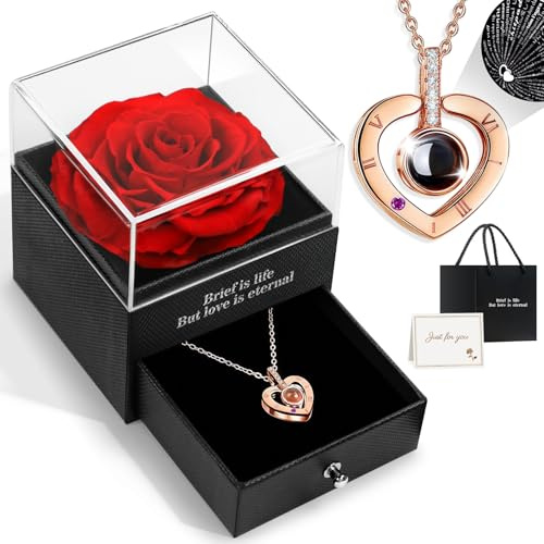 HEGUD Preserved Real Rose with I Love You Necklace in 100 Language, Eternal Flowers Rose for Mom Women Wife Girlfriend Grandma-Red