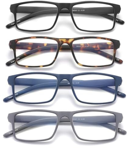 JAWSOCK 4 Pack Reading Glasses Blue Light Blocking for Men Women,Rectangular Frame Computer Readers with Spring Hinge,Reading Glasses for Men Women，Anti Eyestrain/UV Ray Eyeglasses (1.0x)