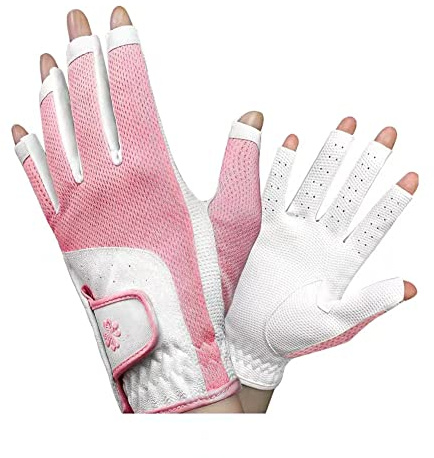 Guanti da golf estivi per adulti, traspiranti, senza dita, tessuto in lycra elastica, un paio di mani sinistra e destra, 18-21 (rosa)