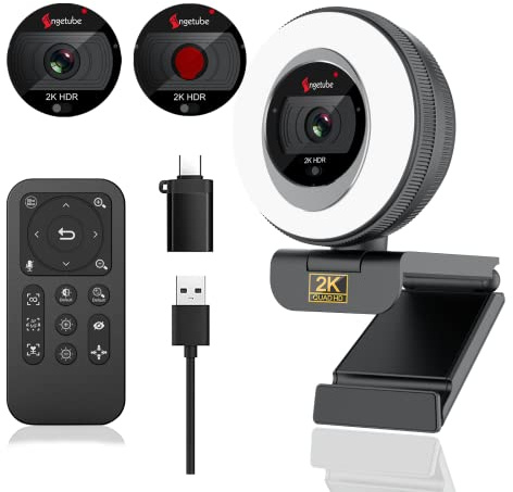 Angetube Webcam, 2K Streaming Webcam with Ring Light, HDR Laptop Camera | with Remote Dual Stereo Microphone and Privacy Cover, Auto Focus 5X Zoom in, External Computer Camera for Zoom/Skype/Teams