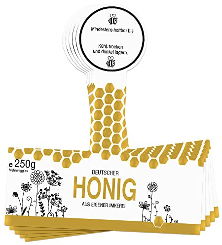 Apoidea – Honig Etiketten 250g mit Goldveredlung & Gewährverschluss selbstklebend, personalisierbar - 100 Stück/Etiketten Honiggläser/Honig Aufkleber für selbstgemachten Honig/Honigetiketten