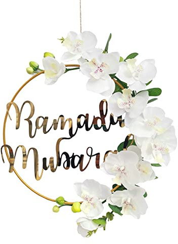 Ramadan Mubarak Wreaths Decorations, Artificial White Phalaenopsis Metal Hoop Floral Wreath, Eid Mubarak Garland Decor, for Farmhouse Door Wall Window Indoors Outdoor