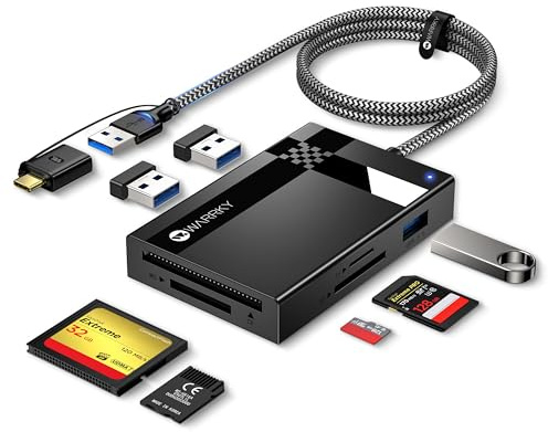 SD Card Reader 7 in 1, WARRKY [Dual Connector USB3.0/USB C, 2.5FT Nylon Cable] Memory Camera Card Adapter Hub for Micro SD/CF/MS/UHS-I, Fit for iPhone 17, Camera, MacBook Pro/Air, Mac, iPad, Android