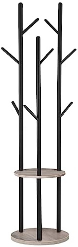 HOOBRO Klädställ, fristående klädställ, garderob i trädform med 8 krokar, 2 runda hyllor, för kläder, hatt, väska, vardagsrum, sovrum, kontor, grip-svart EBG33YM01G1
