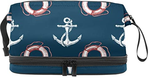 Large Capacity Travel Cosmetic Bag,Makeup Bag,Waterproof Makeup Bag Organizer, White Ship Anchor Lifebuoy Navy