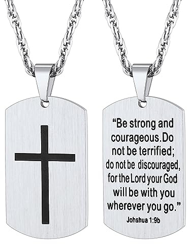 Richsteel Military Plaque Kreuz Halskette Mann Gravierter Anhänger BE STRONG Dog Tag Halskette aus Edelstahl mit Kette Personalisierter Schmuck Geschenk für Männer Jungen Silber