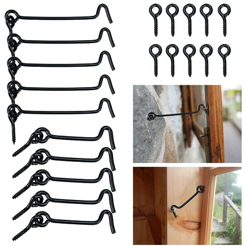 KITERI 10 Pcs Cabin Hook and Eye Latch, 2.5''/4'' Door Latch, Black | Black Gate Hook Lock, Metal Door Hook Latch Catch,Garden Gate Latch with Screws, for Door Gate Window Closet Shed